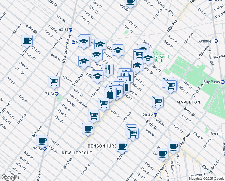 map of restaurants, bars, coffee shops, grocery stores, and more near 1762 64th Street in Brooklyn