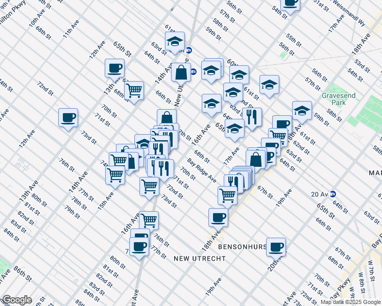 map of restaurants, bars, coffee shops, grocery stores, and more near 6805 16th Avenue in Brooklyn