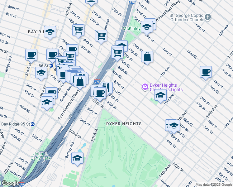 map of restaurants, bars, coffee shops, grocery stores, and more near 8220 10th Avenue in Brooklyn