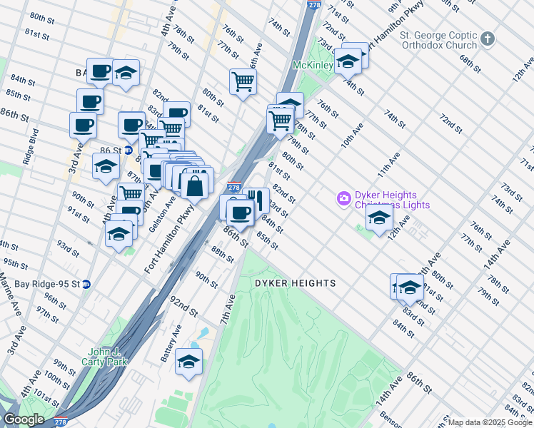 map of restaurants, bars, coffee shops, grocery stores, and more near 8327 7th Avenue in Brooklyn