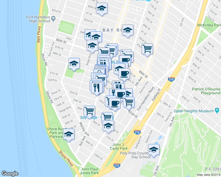 map of restaurants, bars, coffee shops, grocery stores, and more near 345 91st Street in Brooklyn