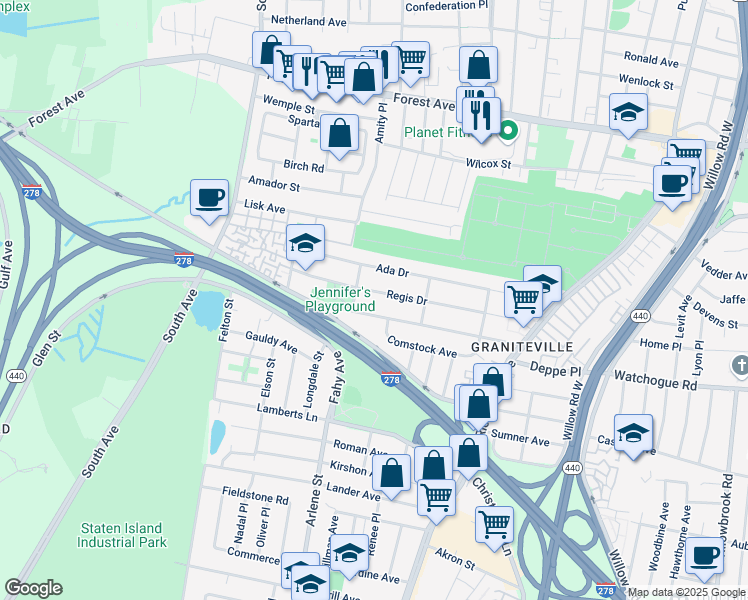 map of restaurants, bars, coffee shops, grocery stores, and more near 198 Regis Drive in Staten Island