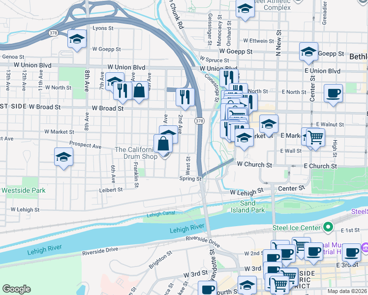 map of restaurants, bars, coffee shops, grocery stores, and more near 415 2nd Avenue in Bethlehem