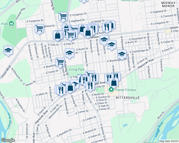 map of restaurants, bars, coffee shops, grocery stores, and more near 716 North Kiowa Street in Allentown