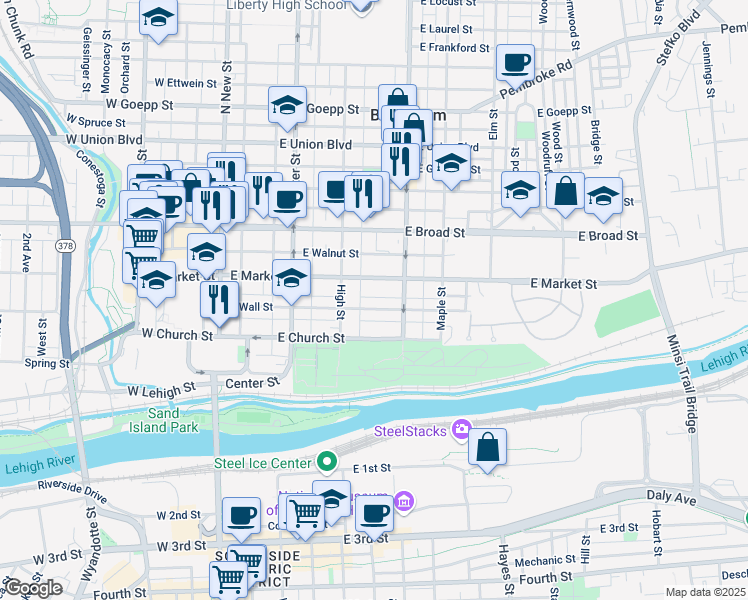 map of restaurants, bars, coffee shops, grocery stores, and more near 233 East Wall Street in Bethlehem