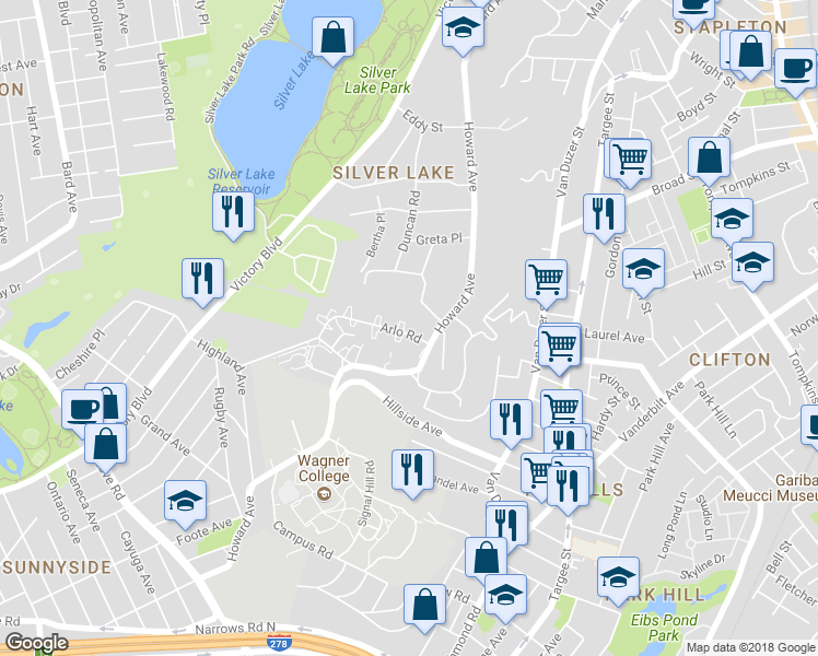 map of restaurants, bars, coffee shops, grocery stores, and more near 28 Arlo Road in Staten Island