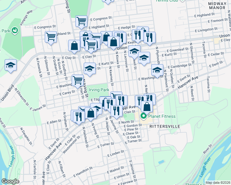 map of restaurants, bars, coffee shops, grocery stores, and more near 716 North Kiowa Street in Allentown