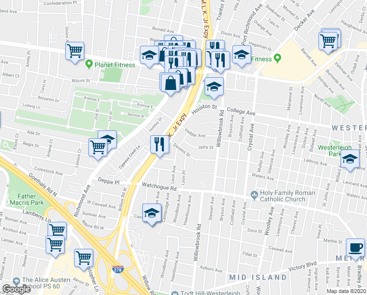 map of restaurants, bars, coffee shops, grocery stores, and more near 81 Devens Street in Staten Island