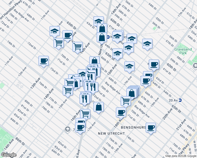 map of restaurants, bars, coffee shops, grocery stores, and more near 1564 Bay Ridge Avenue in Brooklyn