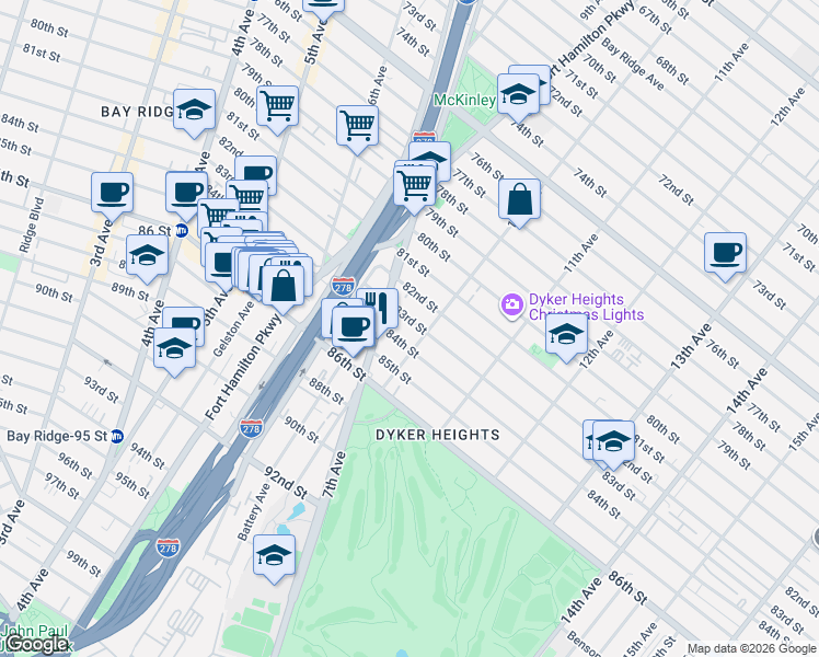 map of restaurants, bars, coffee shops, grocery stores, and more near 8220 10th Avenue in Brooklyn