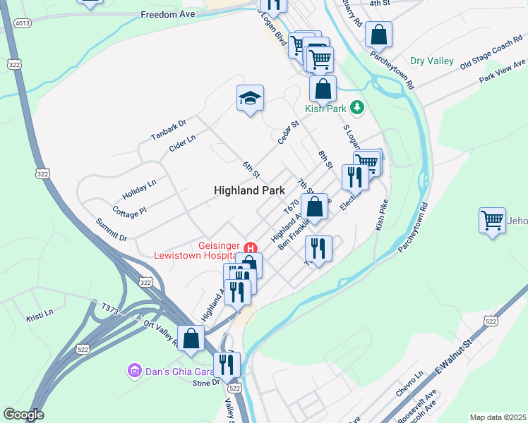 map of restaurants, bars, coffee shops, grocery stores, and more near 502 Maple Avenue in Lewistown