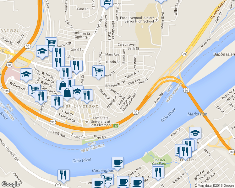 map of restaurants, bars, coffee shops, grocery stores, and more near 164 Fawcett Street in East Liverpool