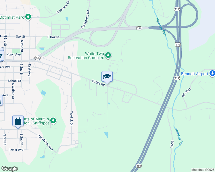 map of restaurants, bars, coffee shops, grocery stores, and more near 501 East Pike Road in Indiana