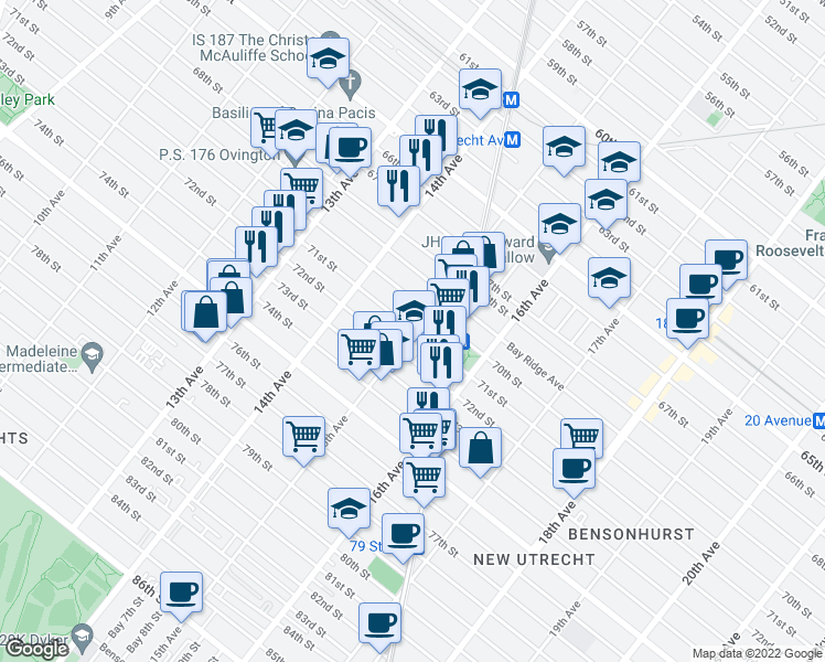 map of restaurants, bars, coffee shops, grocery stores, and more near 15th Avenue & 71st Street in Brooklyn