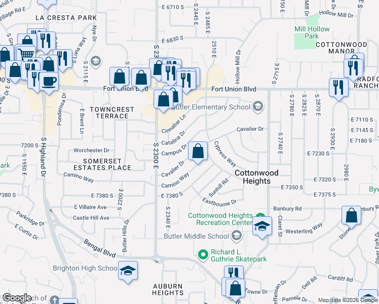 map of restaurants, bars, coffee shops, grocery stores, and more near 2421 Cavalier Drive in Salt Lake City