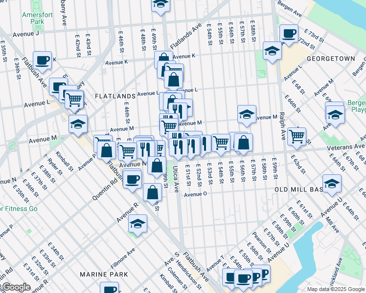 map of restaurants, bars, coffee shops, grocery stores, and more near 1660 East 51st Street in Brooklyn