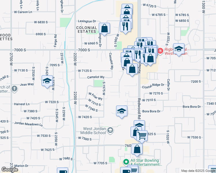 map of restaurants, bars, coffee shops, grocery stores, and more near 1888 West 7225 South in West Jordan