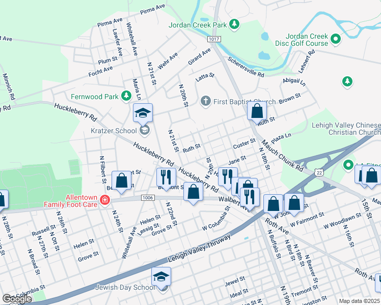 map of restaurants, bars, coffee shops, grocery stores, and more near 2028 Ruth Street in Allentown