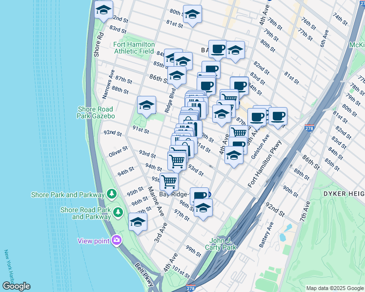 map of restaurants, bars, coffee shops, grocery stores, and more near 290 91st Street in Brooklyn