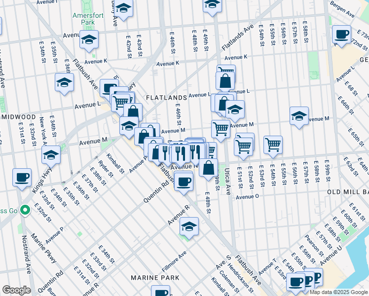map of restaurants, bars, coffee shops, grocery stores, and more near 1659 East 46th Street in Brooklyn