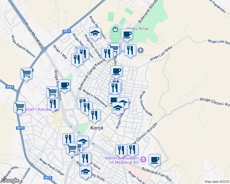 map of restaurants, bars, coffee shops, grocery stores, and more near Bulevardi Republika in Korçë