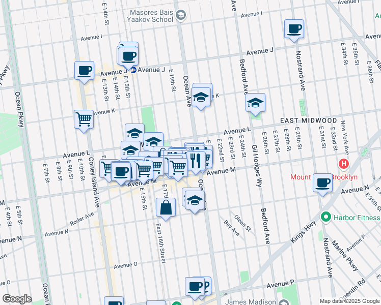 map of restaurants, bars, coffee shops, grocery stores, and more near 1724 Ocean Avenue in Brooklyn