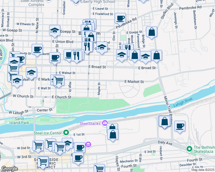 map of restaurants, bars, coffee shops, grocery stores, and more near 454 West Village Circle in Bethlehem