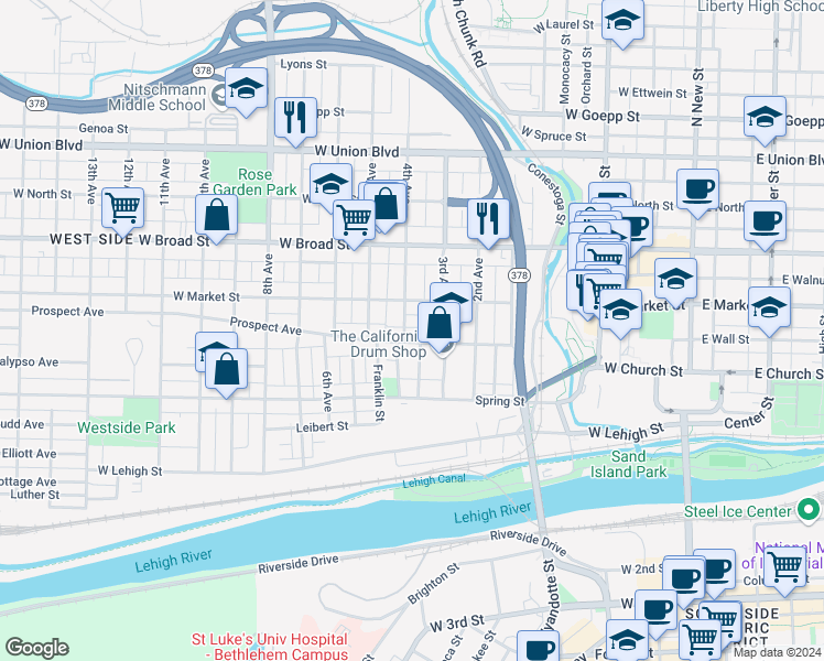 map of restaurants, bars, coffee shops, grocery stores, and more near 410 Fourth Street in Bethlehem
