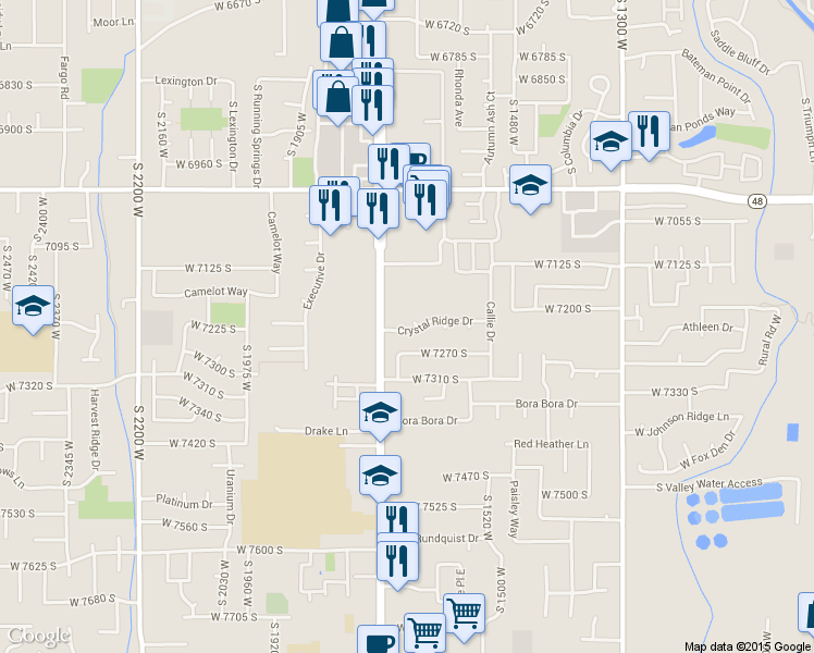 map of restaurants, bars, coffee shops, grocery stores, and more near 7222 Christalee Court in West Jordan