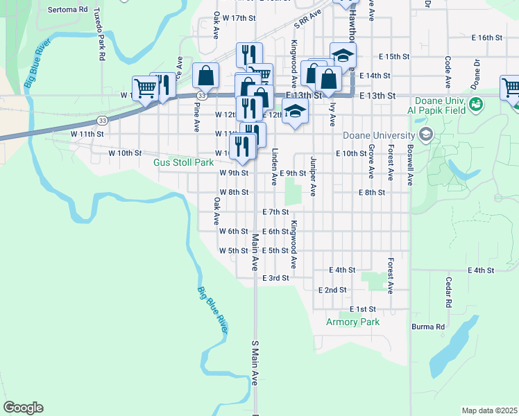 map of restaurants, bars, coffee shops, grocery stores, and more near 704 Main Avenue in Crete