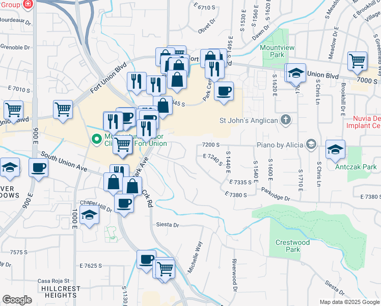 map of restaurants, bars, coffee shops, grocery stores, and more near 1263 East Ridge Meadow Lane in Cottonwood Heights