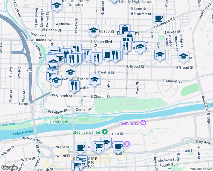 map of restaurants, bars, coffee shops, grocery stores, and more near 445 High Street in Bethlehem