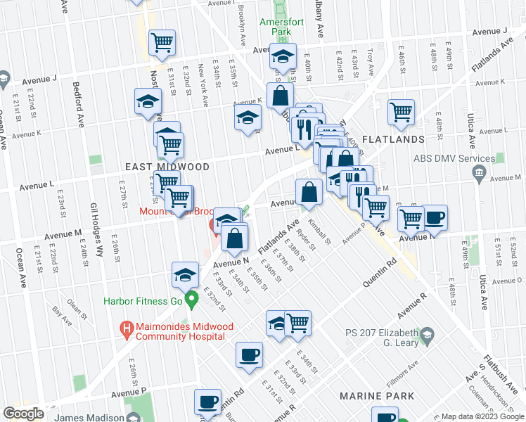 map of restaurants, bars, coffee shops, grocery stores, and more near 3606 Avenue M in Brooklyn