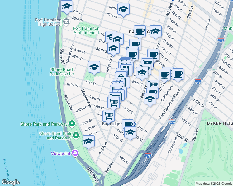 map of restaurants, bars, coffee shops, grocery stores, and more near 290 91st Street in Brooklyn