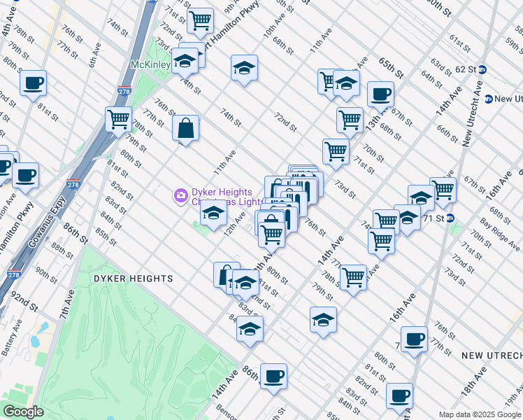 map of restaurants, bars, coffee shops, grocery stores, and more near 1232 77th Street in Brooklyn