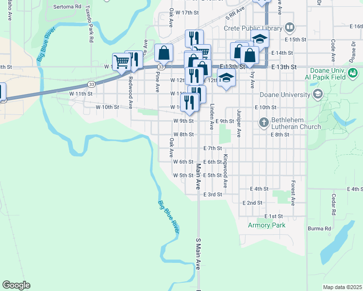 map of restaurants, bars, coffee shops, grocery stores, and more near 707 Norman Avenue in Crete