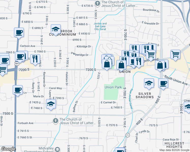 map of restaurants, bars, coffee shops, grocery stores, and more near 7230 South 525 East in Midvale