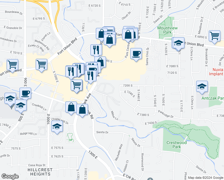 map of restaurants, bars, coffee shops, grocery stores, and more near 1285 Ridge Meadow Lane in Midvale