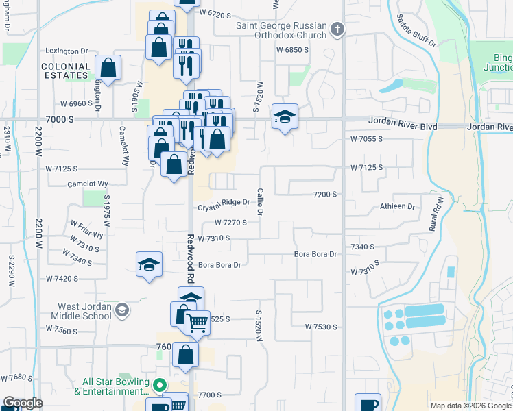 map of restaurants, bars, coffee shops, grocery stores, and more near 7226 Callie Drive in West Jordan
