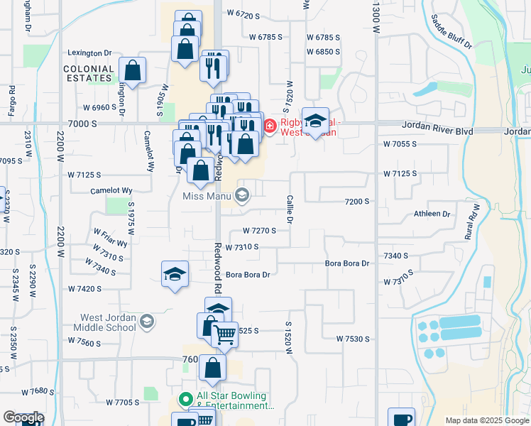 map of restaurants, bars, coffee shops, grocery stores, and more near 7223 Charisse Circle in West Jordan