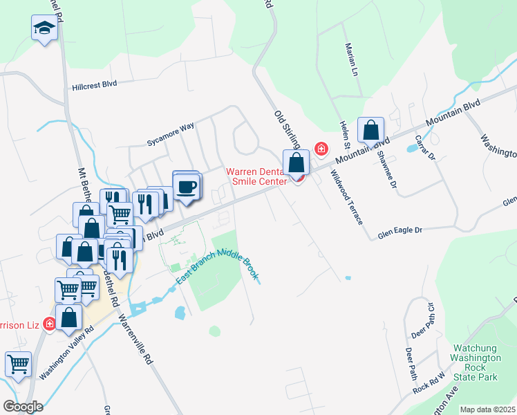 map of restaurants, bars, coffee shops, grocery stores, and more near 26 Mountain Boulevard in Warren