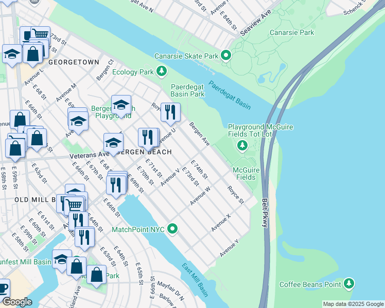 map of restaurants, bars, coffee shops, grocery stores, and more near 7409 Avenue V in Brooklyn