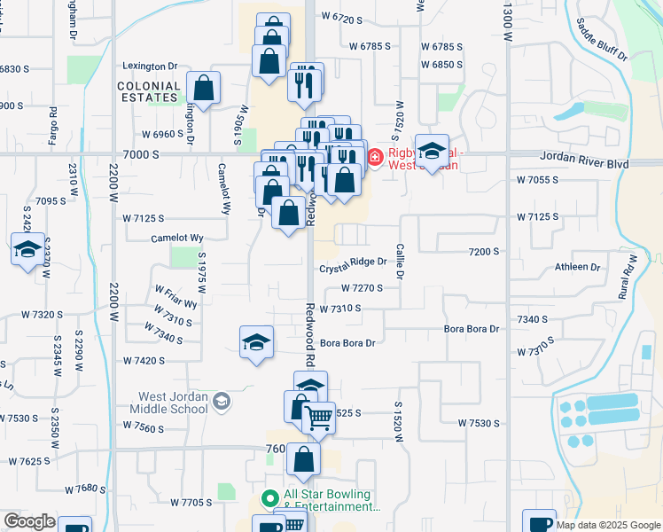 map of restaurants, bars, coffee shops, grocery stores, and more near 7222 Christalee Court in West Jordan