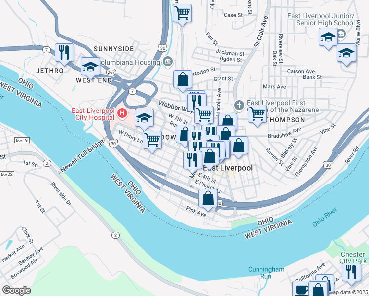 map of restaurants, bars, coffee shops, grocery stores, and more near 139 West 5th Street in East Liverpool