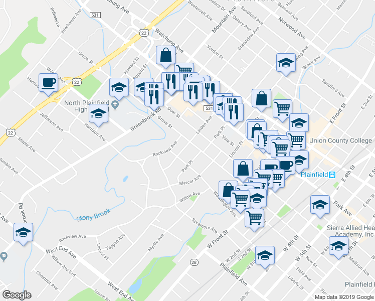 map of restaurants, bars, coffee shops, grocery stores, and more near 77 Linden Avenue in North Plainfield