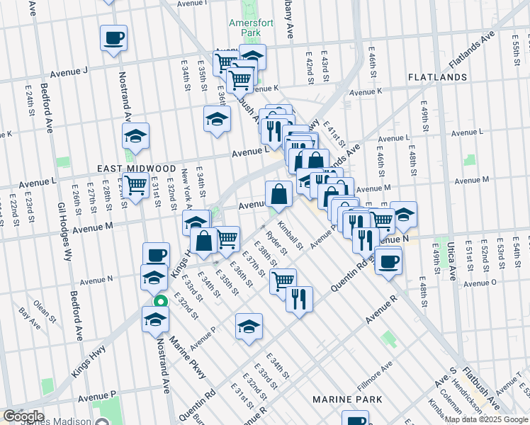 map of restaurants, bars, coffee shops, grocery stores, and more near 1396 East 38th Street in Brooklyn