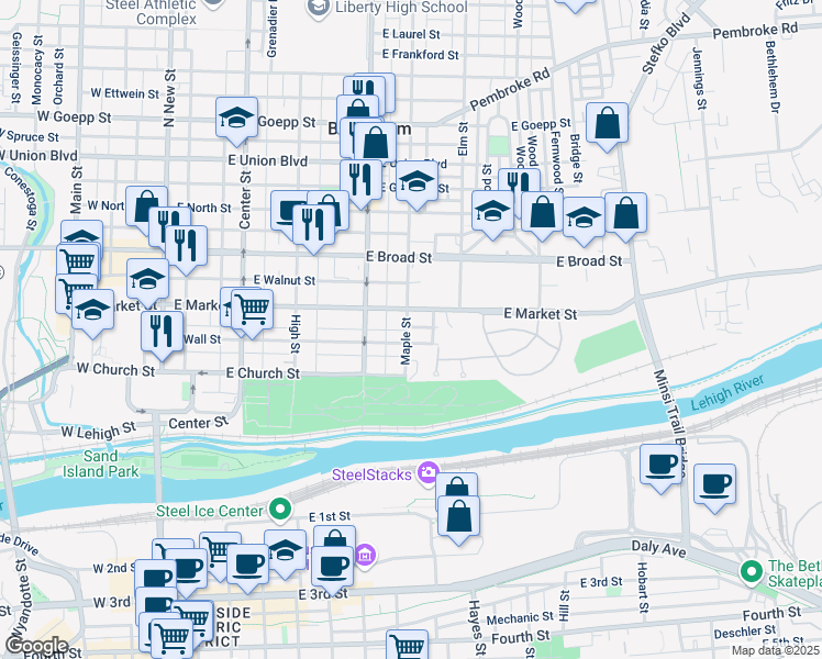 map of restaurants, bars, coffee shops, grocery stores, and more near 450 Maple Street in Bethlehem