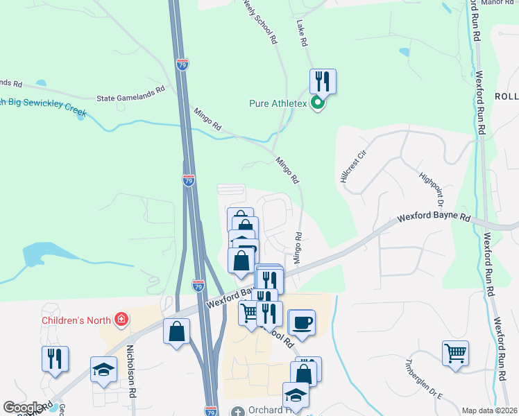 map of restaurants, bars, coffee shops, grocery stores, and more near 343 Marshall Heights Drive in Wexford