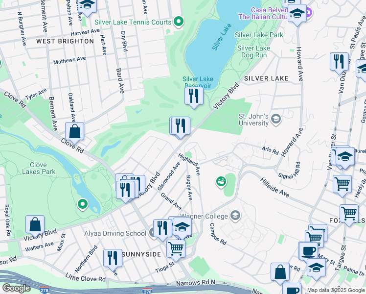 map of restaurants, bars, coffee shops, grocery stores, and more near 982 Victory Boulevard in Staten Island