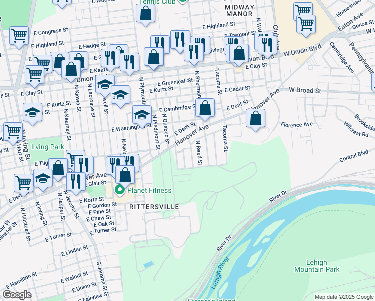 map of restaurants, bars, coffee shops, grocery stores, and more near 642 North Randolph Street in Allentown